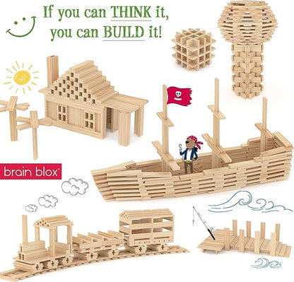 Natural Wooden Blocks for Kids Ages 4-8 - Montessori Blocks for Hands-on Learning - STEM and Architecture for Kids (200 Building Blocks)