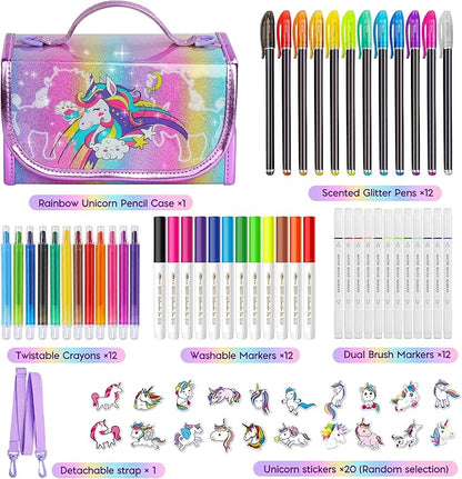 beefunni Unicorn Markers Set for Kids, Arts Supplies 67 pcs with Glitte Pencil Case and Strap, Birthday Gift for Girls 4 5 6 7 8 Years Old, Arts and Crafts Coloring Set for Kids 4-8