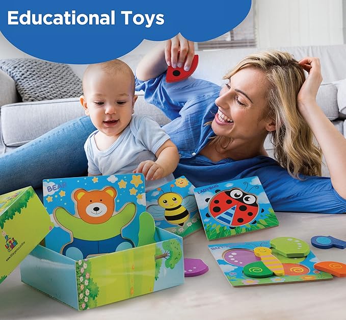 Wooden Puzzles for Toddlers 1-3 Girls & Boys, Sensory Toys, Educational Learning Toys: 4 Puzzles Ages 1-3, Gift Box, Storage Bag, Matching Coloring Book, Animals Puzzle for Toddlers Set of 4