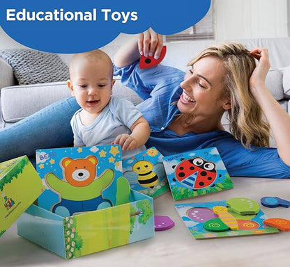Wooden Puzzles for Toddlers 1-3 Girls & Boys, Sensory Toys, Educational Learning Toys: 4 Puzzles Ages 1-3, Gift Box, Storage Bag, Matching Coloring Book, Animals Puzzle for Toddlers Set of 4