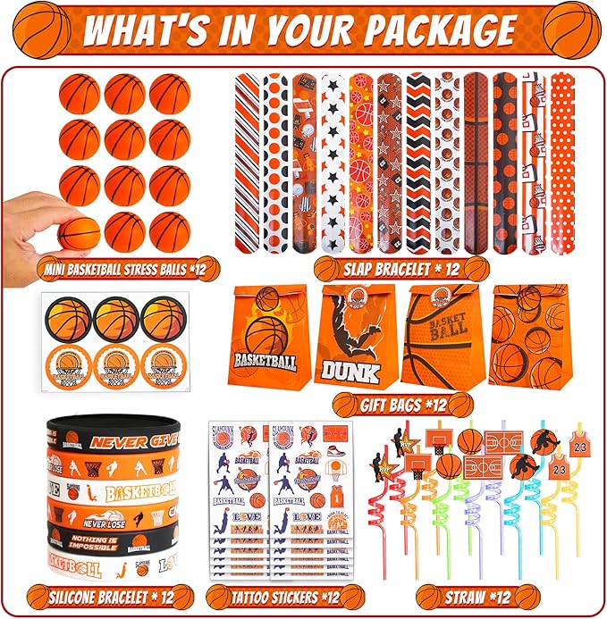 Basketball Party Favors Set 72 PCS Basketball Slap Bracelets Straws Tattoo Stickers Mini Stress Ball Silicone Bracelets Gift Bags for Kids Adults Sports Basketball Birthday Gift Classroom Rewards