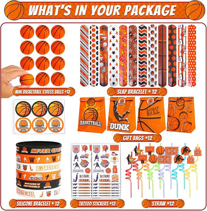 Basketball Party Favors Set 72 PCS Basketball Slap Bracelets Straws Tattoo Stickers Mini Stress Ball Silicone Bracelets Gift Bags for Kids Adults Sports Basketball Birthday Gift Classroom Rewards
