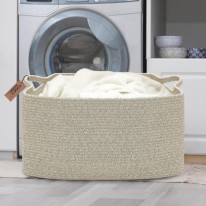COMFY-HOMI Large Rectangular Blanket Basket, Woven Cotton Rope Baskets for Storage, Laundry Hamper Basket, Storage Bin,Toy Organizing Bin with Handle, Organization and Storage-22x15x12”-Brown