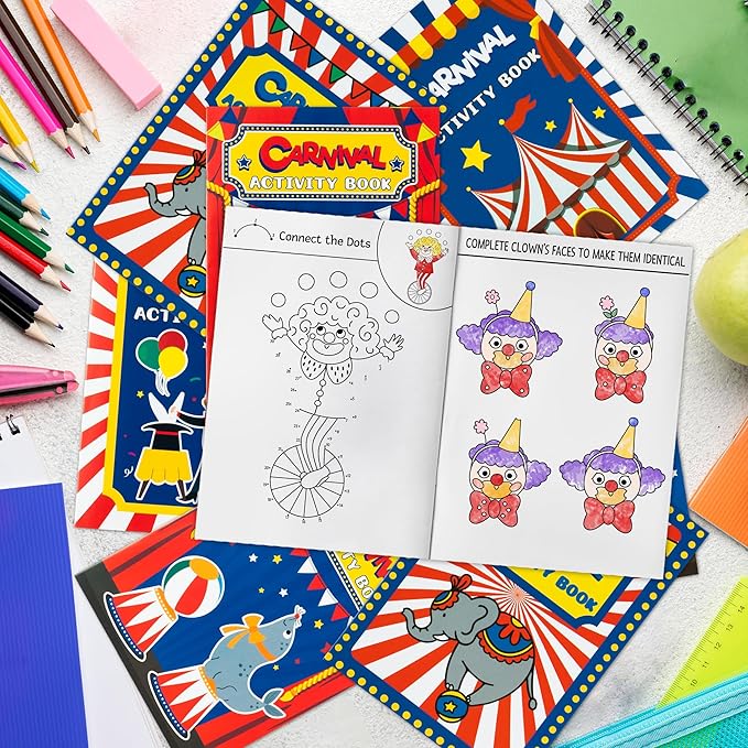JAPBOR Carnival Activity Coloring Books - 48PCS Mini Circus Carnivals Activities Color Books Bulk for Kids Party Favors, Showman Themed Small Colouring Pages for Birthday Class Drawing Painting Game