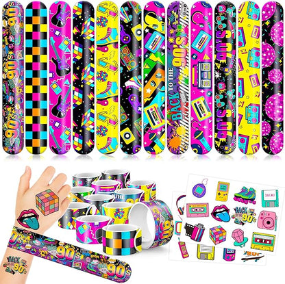 48PCS 90s & 80s Party Favors - 24PCS Tattoos & 24PCS Slap Bracelets, Retro 90s Birthday Party Supplies Decorations, Ideal for Kids’ Classroom Prizes & Rewards for Boys & Girls