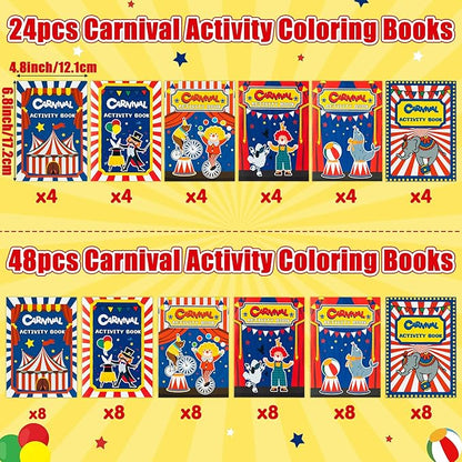 JAPBOR Carnival Activity Coloring Books - 48PCS Mini Circus Carnivals Activities Color Books Bulk for Kids Party Favors, Showman Themed Small Colouring Pages for Birthday Class Drawing Painting Game