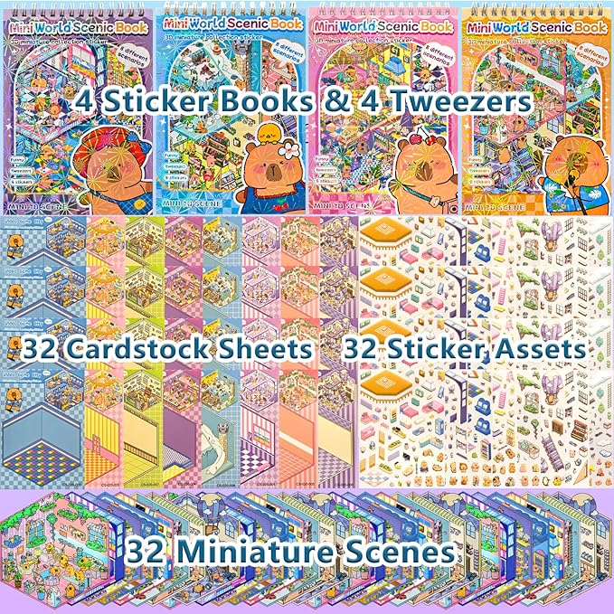 32 Sets (1200+) DIY 3D Stickers for Kids & Adults with 4 Sticker Books, Make Your Own Houses, Buildings, Shops & Amusement Park Scenes for Parties, Birthdays & Gifts
