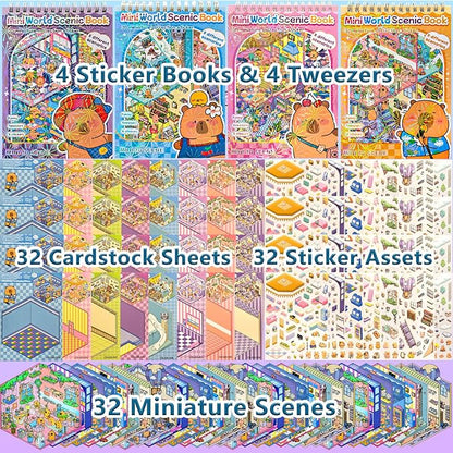 32 Sets (1200+) DIY 3D Stickers for Kids & Adults with 4 Sticker Books, Make Your Own Houses, Buildings, Shops & Amusement Park Scenes for Parties, Birthdays & Gifts