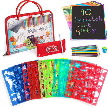 Kipipol 63 Pcs Drawing Stencils for Kids Ages 4-8 - 8-12 and Up - Arts and Crafts for Girls and Boys - Kids Drawing kit - Art Set- 15 Art Stencils, 260+ Designs -Scratch Art- Creativity Gifts & Toys