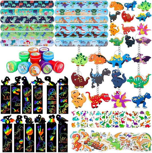 120Pcs Dinosaur Party Favors Dinosaur Birthday Party Supplies Dinosaur Stamps Slap Bracelets Keychains Rings Stickers Temporary Tattoos Bookmarks for Kids Dinosaur Pinata Bags Fillers Classroom Prizes