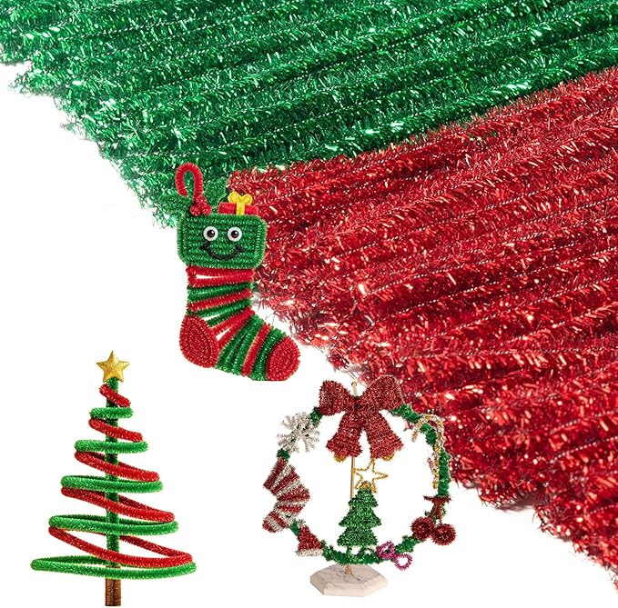 Caydo 200 Pieces Glitter Pipe Cleaners for Mother's Day Decorations, Sparkling Red and Green Chenille Stems Bulk for Flowers, Animals, Creative Art and Crafts Making