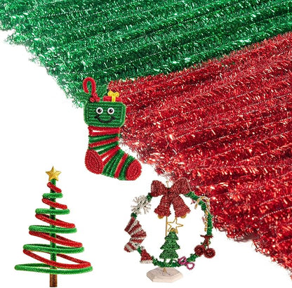Caydo 200 Pieces Glitter Pipe Cleaners for Mother's Day Decorations, Sparkling Red and Green Chenille Stems Bulk for Flowers, Animals, Creative Art and Crafts Making