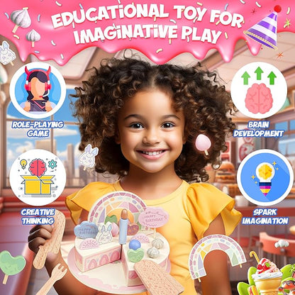 Birthday Cake Toy - Wooden Play Food Fake Birthday Cake Cutting Toys for 3 4 5 Year Old Girl Birthday Gift - Pretend Play Food with Candles&Plates,Tea Party Toys for Kids Age 3+ (28pcs)