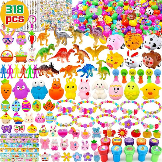 318 pcs Easter Eggs Filled Easter Egg Fillers 100 pack Easter Eggs Bulk wtih 218 Toys inside Small Toys for Easter Eggs Easter Basket Stuffers Easter Egg Hunt Party Favors for Kids Toddlers Boys Girls