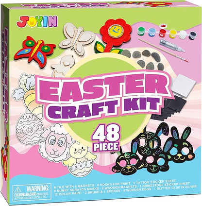 JOYIN 48 PCS Easter Craft Kit Easter Assorted DIY Painting Kit Includes Rocks, Scratch Art Masks, Wooden Eggs and Magnets for Kids Creativity Easter Basket Stuffers, Easter Party Favor, Easter Events