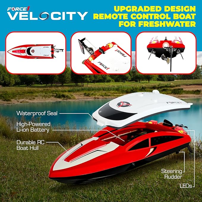 Force1 Velocity Red Fast RC Boat- Remote Control Boats for Adults and Kids, Underwater Speed Racing Mini RC Toy for Pools and Lakes, 2.4GHZ Transmitter, 2 Rechargeable Batteries, Low Battery Alert