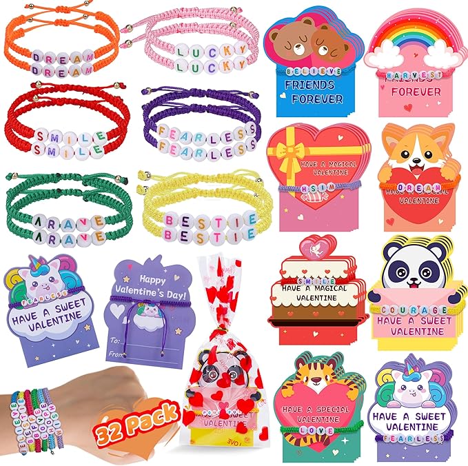 32Pack Valentines Day Gifts for Kids Classroom, Valentines Cards with Friendship Bracelets Goodie Bag, Girls Boys Students Valentine Greeting Cards Bracelets School Prizes Exchange Gifts Party Favors