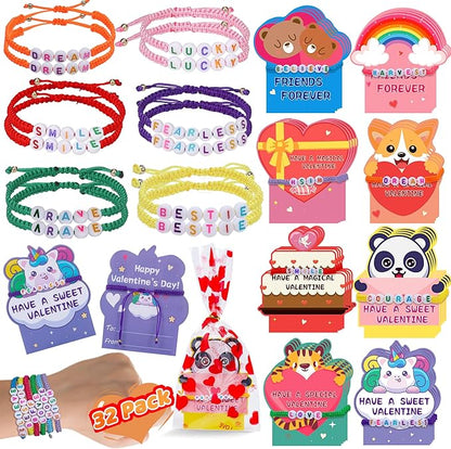 32Pack Valentines Day Gifts for Kids Classroom, Valentines Cards with Friendship Bracelets Goodie Bag, Girls Boys Students Valentine Greeting Cards Bracelets School Prizes Exchange Gifts Party Favors
