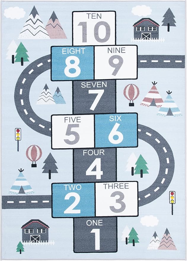 SAFAVIEH Kids Play House Collection 3'3" Square Grey/Blue KPH226F Machine Washable Hopscotch Playroom Nursery Bedroom Area Rug