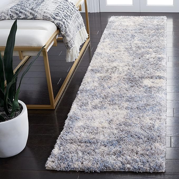 SAFAVIEH Berber Shag Collection Runner Rug - 2' x 12', Ivory & Blue, Modern Abstract Design, Non-Shedding & Easy Care, 1.2-inch Thick Ideal for High Traffic Areas in Living Room, Bedroom (BER274B)
