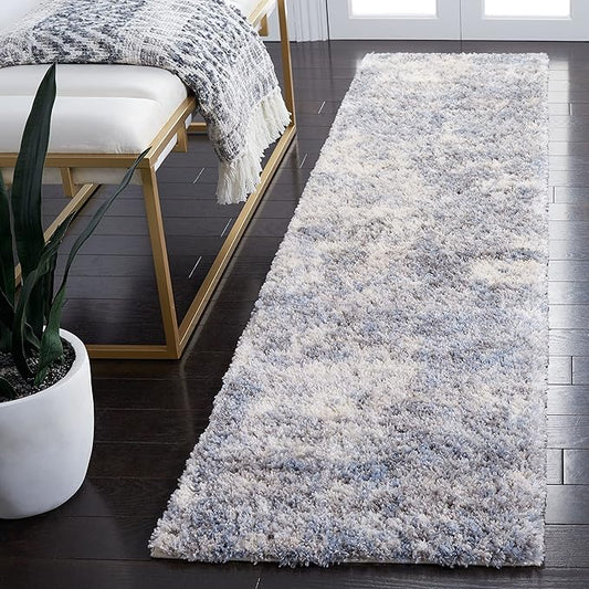 SAFAVIEH Berber Shag Collection Runner Rug - 2' x 10', Ivory & Blue, Modern Abstract Design, Non-Shedding & Easy Care, 1.2-inch Thick Ideal for High Traffic Areas in Living Room, Bedroom (BER274B)