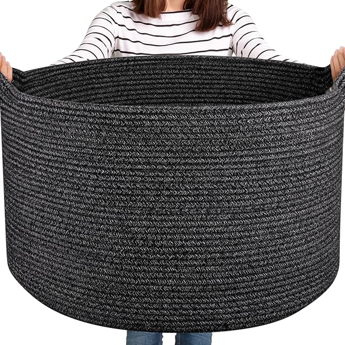 OIASKET Large Woven Baskets for Storage, 22.8" x 22.8" x 13" Blanket Storage Living Room, Baby Toy Basket for Clothes, Pillows, Towels, Shoe Basket for Entryway (Black)