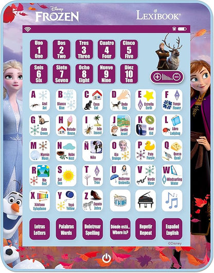 LEXiBOOK Disney Frozen, Educational Bilingual Learning Tablet, Learn Letters Numbers Words Spelling and Music, English/Spanish Languages, Blue, JCPAD002FZi2