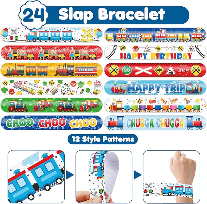 48PCS Train Party Favors - 24PCS Tattoos & 24PCS Slap Bracelets - Train-Themed Birthday Supplies, Decorations, Classroom Prizes, Carnival Rewards, Gifts for Boys & Girls