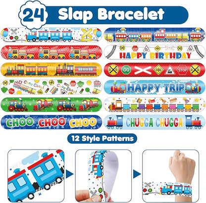 48PCS Train Party Favors - 24PCS Tattoos & 24PCS Slap Bracelets - Train-Themed Birthday Supplies, Decorations, Classroom Prizes, Carnival Rewards, Gifts for Boys & Girls