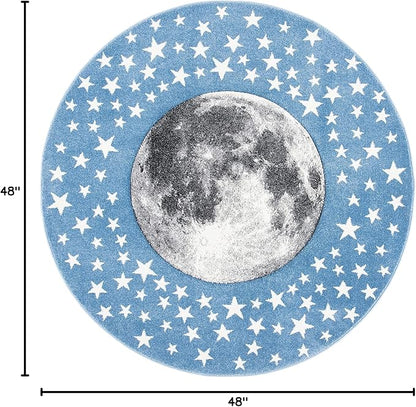SAFAVIEH Carousel Kids Collection 4' Round Light Blue/Grey CRK135L Moon & Stars Non-Shedding Playroom Nursery Bedroom Area Rug