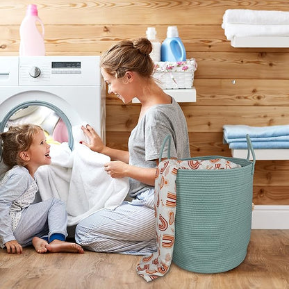 XUANGUO Cotton Rope Laundry Basket Hamper for Clothes Woven Storage Basket for Living Room Bedroom Boho Tall Rope Baskets for Blanket Toys Pillow Towels Baby Nursery Hamper Bin Large light green