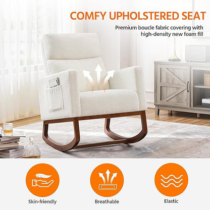 Yaheetech Upholstered Rocking Chair, Boucle Glider Chair Nursery Chair with High Back and Side Pocket, Rocking Accent Armchair with Rubber Wood Legs for Living Room/Bedroom/Nursery, Ivory