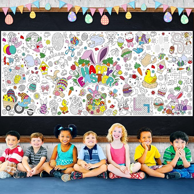 Easter Large Coloring Poster for Kids, Happy Easter Jumbo Coloring Paper Tablecloth, Bunny Eggs Color-in Craft Activities for Kids Easter School Classroom Home Party Supplies Decorations, 30 x 72 Inch