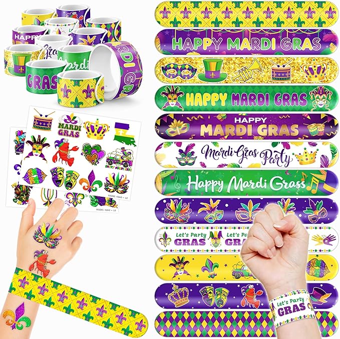 48 Mardi Gras 24PCS Mardi Gras Temporary Tattoos Sticker 24PCS Slap Bracelets Perfect for Themed Birthday Party Favors Baby Showers or Classroom Rewards Ideal Decor and Gifts for Girls and Boys