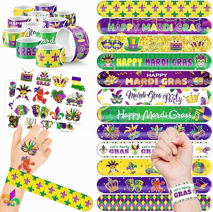 48 Mardi Gras 24PCS Mardi Gras Temporary Tattoos Sticker 24PCS Slap Bracelets Perfect for Themed Birthday Party Favors Baby Showers or Classroom Rewards Ideal Decor and Gifts for Girls and Boys