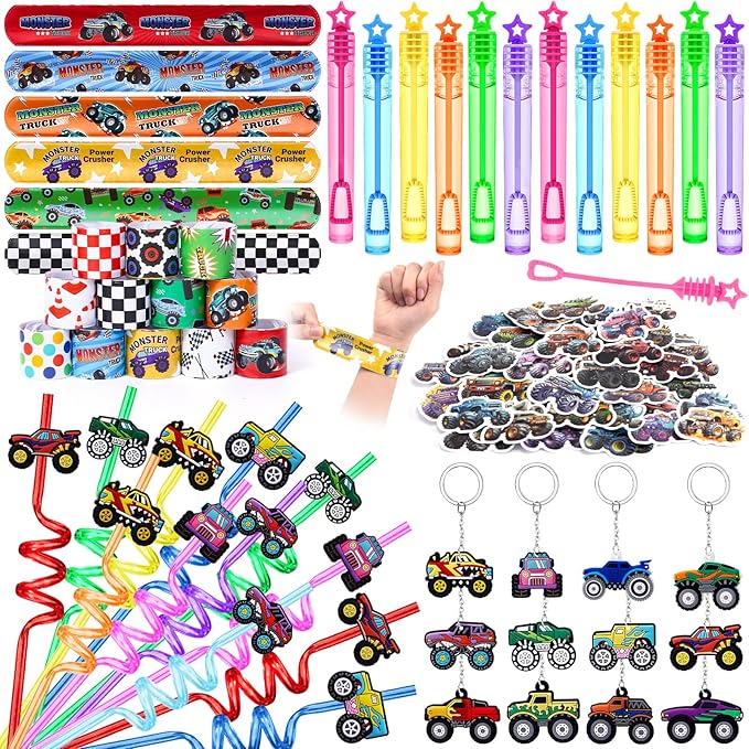 98Pcs Monster Truck Party Favors Birthday Supplies for Boys Kids, Bubble Wands Drinking Straws Slap Bracelets Keychains Stickers Goodie Bag Stuffer Monster Truck Themed Birthday Party Supplies