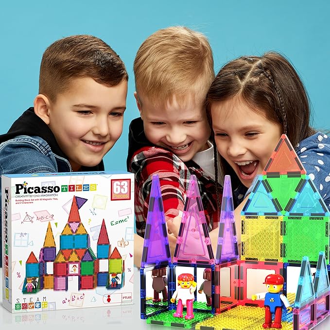 PicassoTiles 63 Pcs Magnetic Building Block Tiles with 2 Character Figures Construction Stacking STEM 3D Toy Set Creative Educational Learning Kit Magnet Montessori Playset for Kids & Toddlers Ages 3+