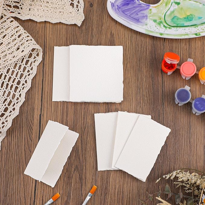 25 Sheets Watercolor Paper 3.5 x 2, 300 GSM Deckled Edge Paper Rough/Textured Handmade Paper for Watercolors, Wedding Invitations, Cards, Crafts
