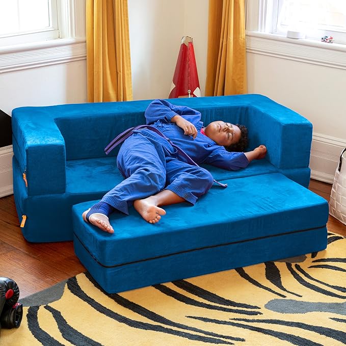 Jaxx Zipline Kids Sofa & Large Ottoman 3 in 1 Fold Out Sofa, Big Kids Edition Blueberry