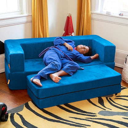 Jaxx Zipline Kids Sofa & Large Ottoman 3 in 1 Fold Out Sofa, Big Kids Edition Blueberry