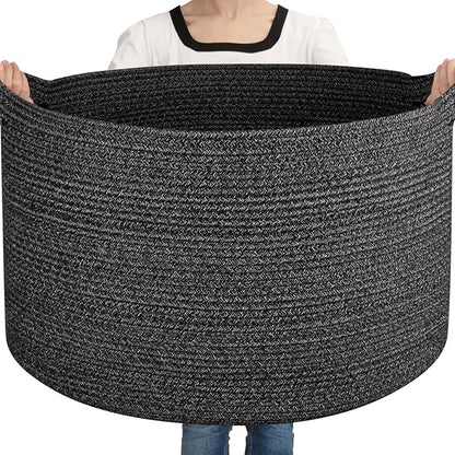 OIASKET Large Woven Baskets for Storage, 23.6" x 23.6" x 14.6" Blanket Storage Living Room, Baby Toy Basket for Clothes, Pillows, Towels, Shoe Basket for Entryway (Black)