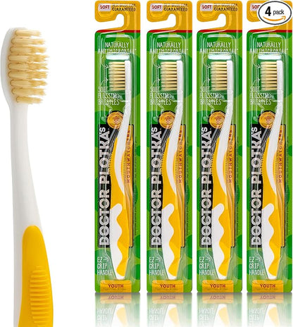 MOUTHWATCHERS Soft Kids Toothbrushes, 4 Pack, Manual Flossing Toothbrush, Ultra Clean, Yellow Childrens Toothbrushes, by Dr. Plotka's