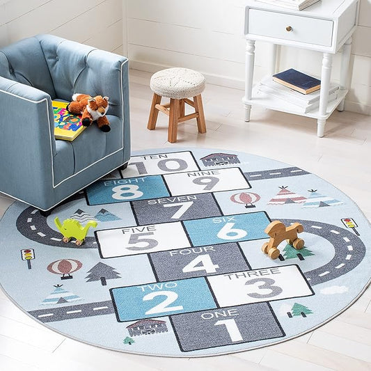 SAFAVIEH Kids Playhouse Collection Area Rug - 5' Round, Grey & Blue, Non-Shedding Machine Washable & Slip Resistant Ideal for High Traffic Areas for Boys & Girls in Playroom, Nursery (KPH226F)