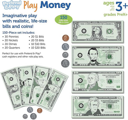 Learning Resources Pretend Play Money - Math Manipulatives for Kids, Kids Bank, Plastic Coins, Cash Register, Toddler, Homeschool Supplies, Fine Motor Skills, Teaching Set Manipulatives