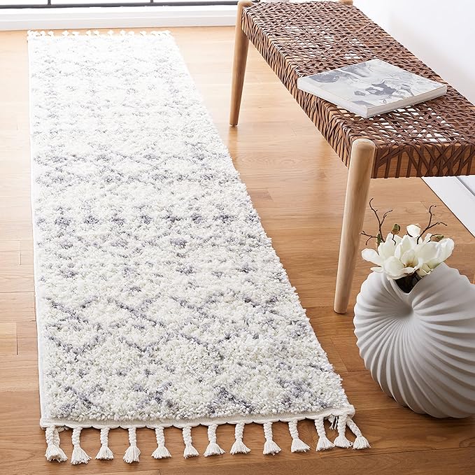 SAFAVIEH Berber Fringe Shag Collection Runner Rug - 2'2" x 8', Ivory & Grey, Moroccan Design, Non-Shedding & Easy Care, 1.2-inch Thick Ideal for High Traffic Areas in Living Room, Bedroom (BFG516J)