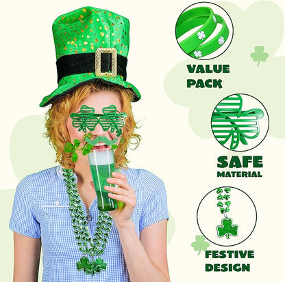 JOYIN 156 Pcs St. Patrick's Day Party Favor Set, 6 Necklaces 6 Eyeglasses 12 Bracelets 72 Temporary Tattoos 12 PCS Mustache 48 Plastic Coins St Patricks Day Accessories