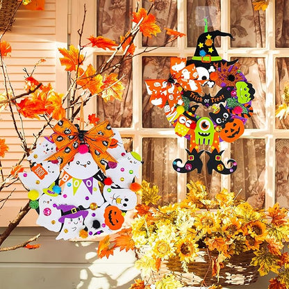 Winlyn 12 Sets Halloween Wreath Signs Decorations DIY Halloween Craft Kits Fall Kids Crafts Art Sets Ghost Spider Web Witch Hat Pumpkin Foam Stickers Arts and Crafts for Kids Home Classroom Activities