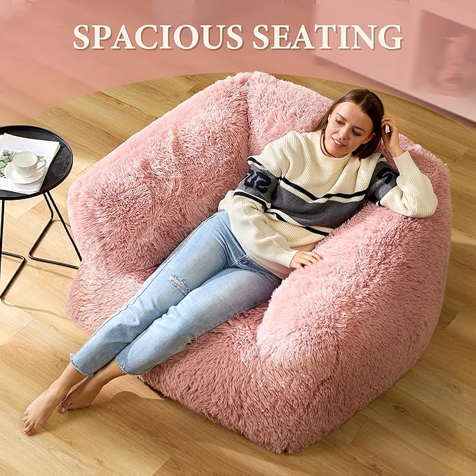 Homguava Giant Bean Bag Chair for Adults,Large Bean Bag Sofa with Armrests & Stuffed Memory Foam,Big BeanBags with Filler,Plush Bean Bag Couch Comfy Lazy Sofa Chair for Bedroom,Living Room(Large,Pink)