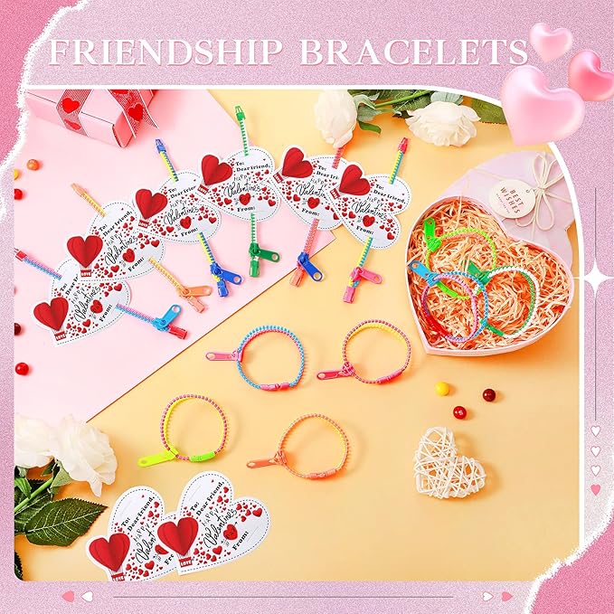 Sratte 50 Pcs Valentine's Day Neon Friendship Bracelets Bulk with 50 Pcs Heart Card for Valentine's Gifts Birthday Goodie Bag Stuffers(Resin,Zipper Bracelet)
