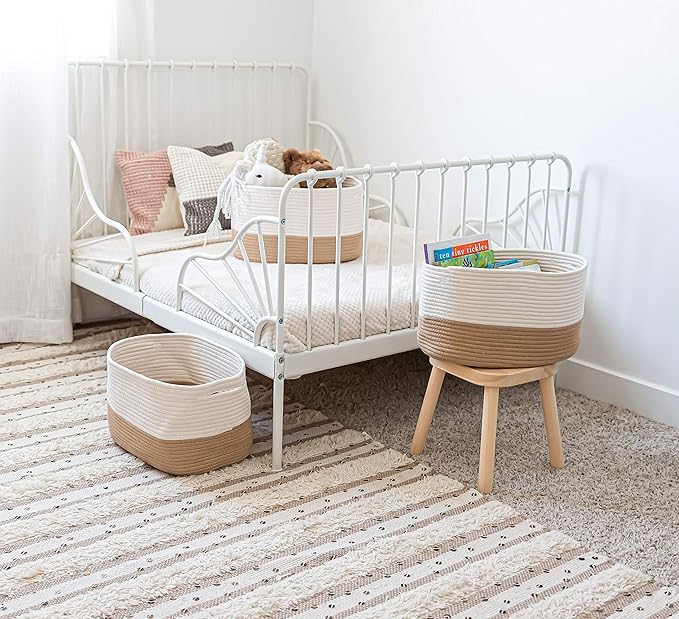 OrganiHaus Cotton Rope Basket for Shelf - Woven Storage Basket for Organizing, Closet & Toy Storage - Honey/Off-White - 15x9x10